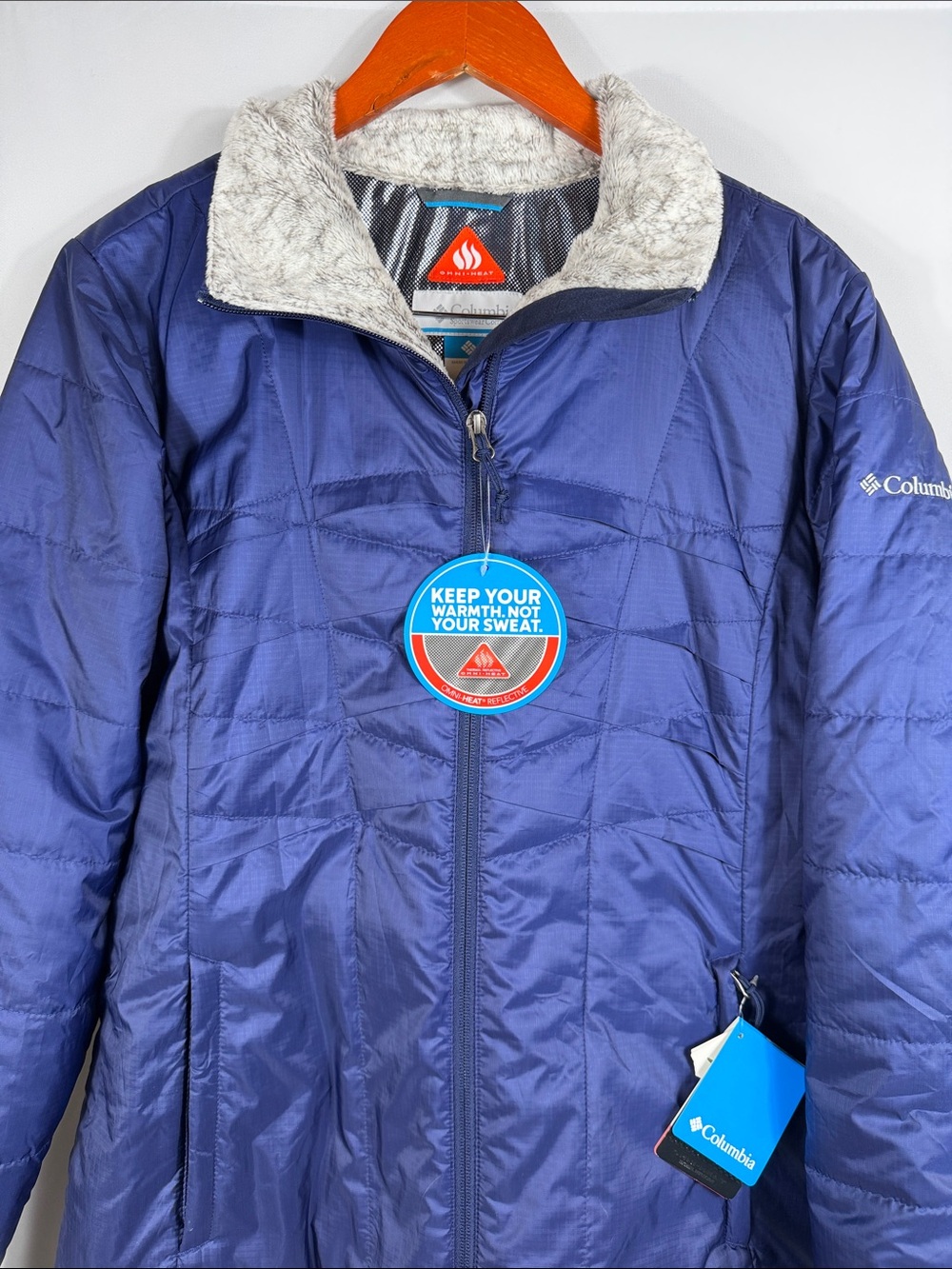 Columbia Frostfecta Blue Quilted Ski Jacket with Faux-Fur Collar. Womens L. NWT